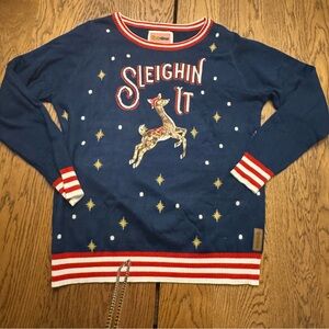 Tipsy Elves Navy Ugly Christmas Sweater Sleighin It Men’s or Women’s
